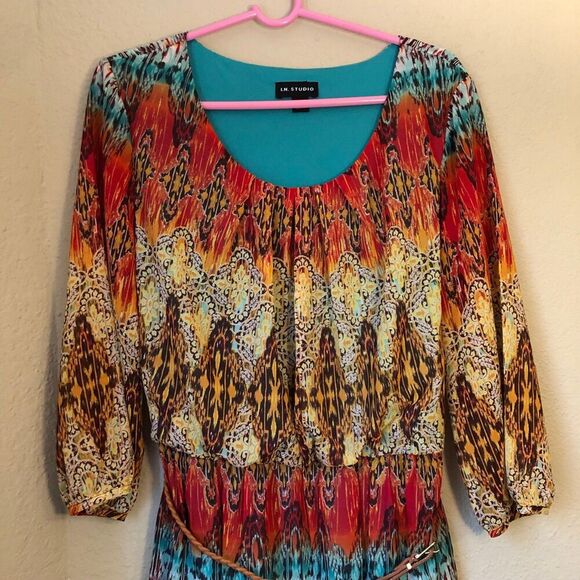 I.N. Studio Women's Sheer Dress Size 14 Ethnic Print Retro 70s Style Boho Chic - Picture 2 of 12